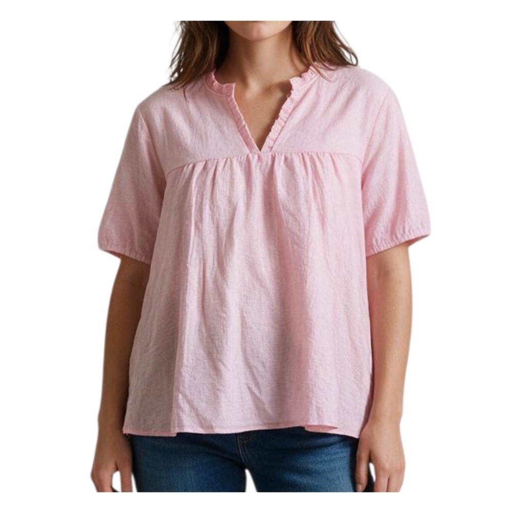 SOUTHERN STITCH Pink Seersucker Shimmer Stripes BLOUSE TOP Mini Ruffle Trim XXL